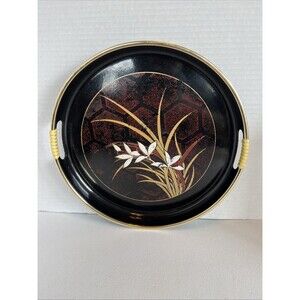 VTG Japanese 11” Serving Tray Dark Red & Gold Acrylic Floral Theme with Handles